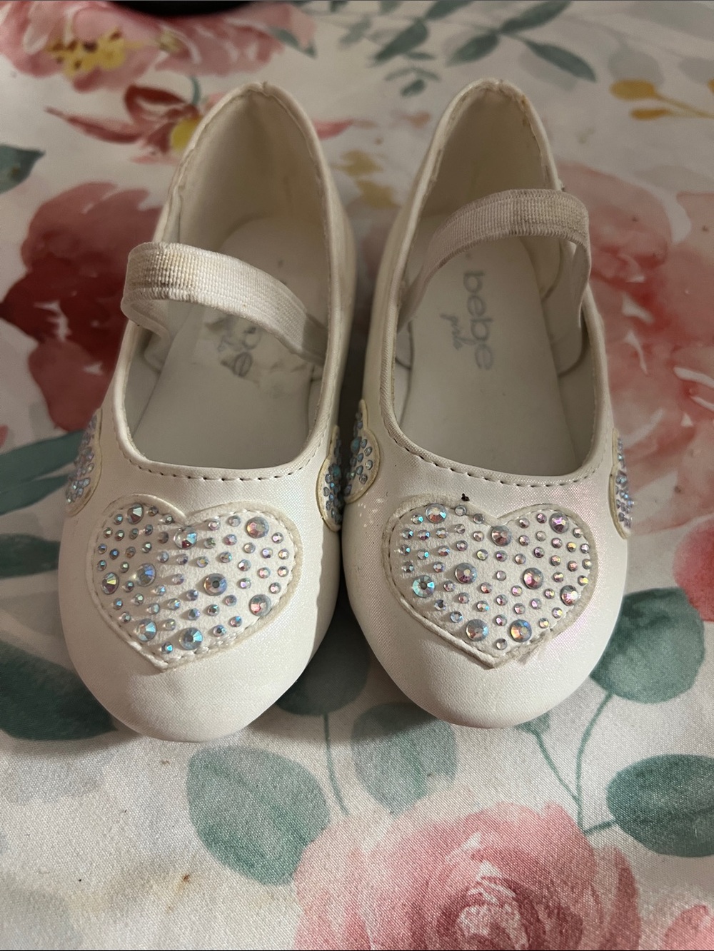 bebe Cream/White Mary Jane Flats with Rhinestone Heart Accents